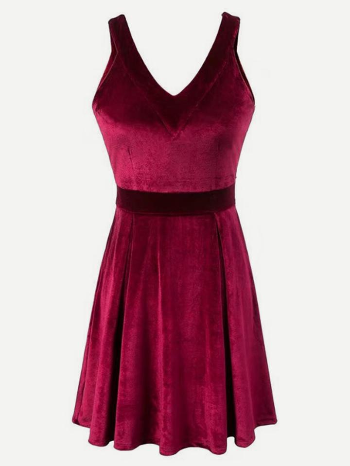Romwe V Neck Velvet Flared Dress