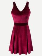 Romwe V Neck Velvet Flared Dress