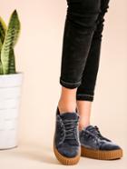 Romwe Blue Grey Faux Suede Lace Up Rubber Sole Low Top Sneakers