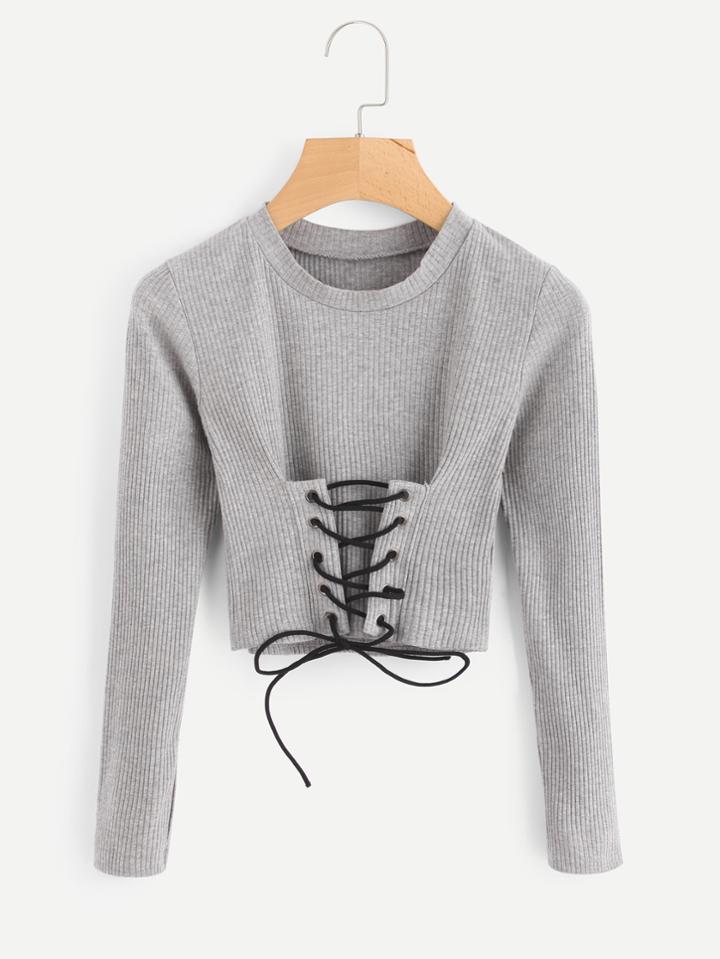 Romwe Lace Up Front Ribbed Crop Tee