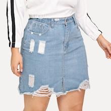 Romwe Plus Ripped Raw Hem Denim Skirt