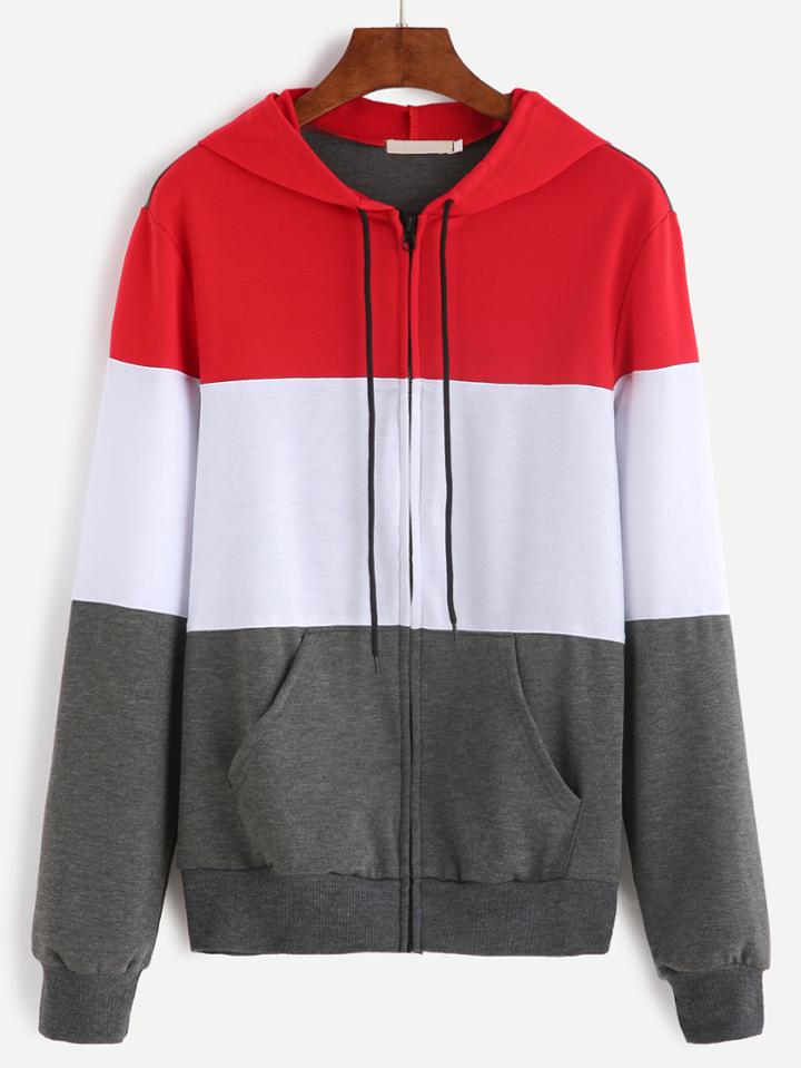 Romwe Color Block Drawstring Hooded Zip Up Sweatshirt