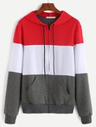 Romwe Color Block Drawstring Hooded Zip Up Sweatshirt