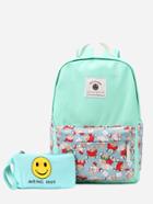 Romwe Green Cartoon Print Front Zipper Canvas Backpack With Clutch