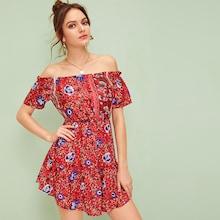 Romwe Aztec Print Off The Shoulder Ruffle Hem Dress