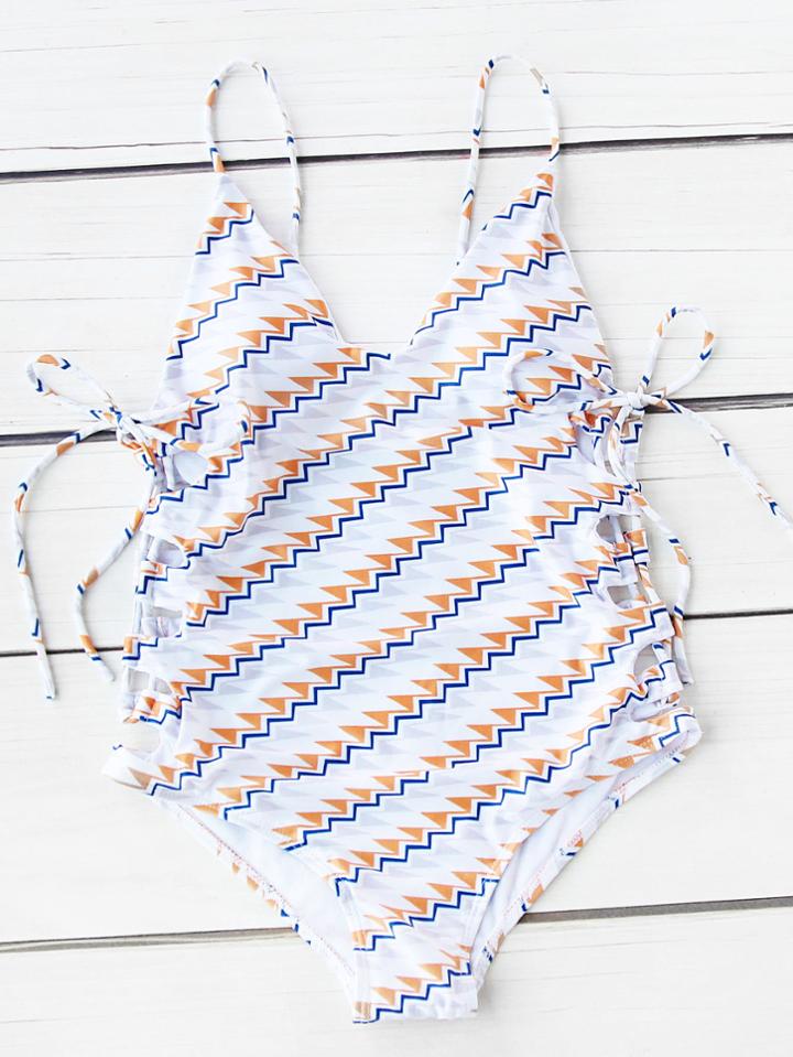 Romwe Chevron Geometric Print Lace Up One-piece Swimwear