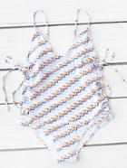 Romwe Chevron Geometric Print Lace Up One-piece Swimwear