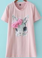 Romwe With Bead Bow Ribbit Pattern Pink T-shirt