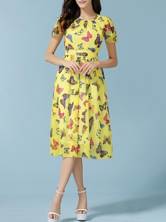 Romwe Ruffle Sleeve Butterfly Print Chiffon Dress