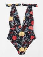 Romwe Knot Shoulder Double Plunging Neck Floral Swimsuit