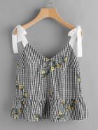 Romwe Sash Tie Shoulder Blossom Embroidered Ruffle Gingham Top