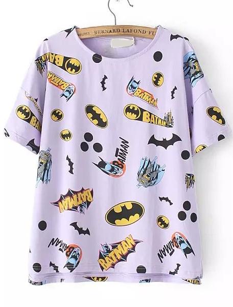Romwe Bat Print Purple T-shirt