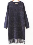 Romwe Navy Drop Shoulder Marled Knit Tassel Hemline Sweater Dress