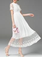 Romwe White Embroidered Gauze A-line Midi Dress