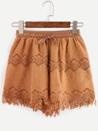Romwe Camel Crochet Insert Embroidered Drawstring Shorts