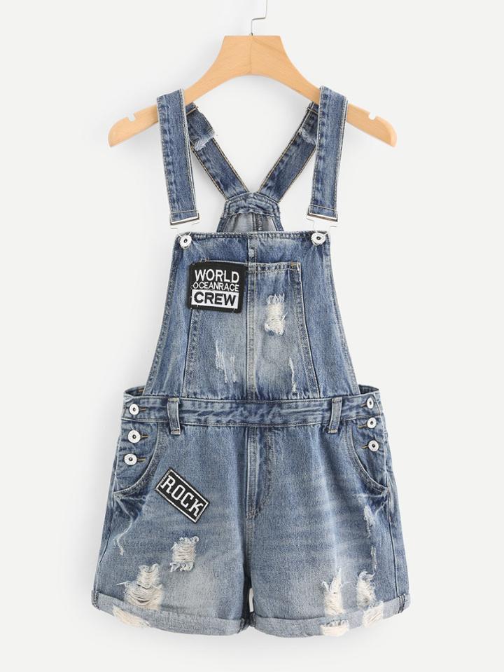 Romwe Ripped Rolled Hem Denim Overalls