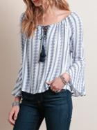 Romwe Tribal Print Tassel-tie Neck Bell Sleeve Blouse