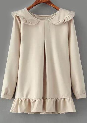 Romwe Doll Collar Long Sleeve Peplum Hem Apricot Dress