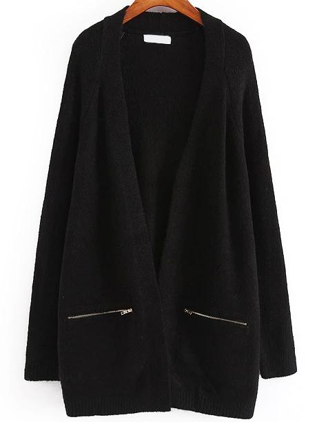 Romwe Raglan Sleeve Zipper Black Coat Sweater