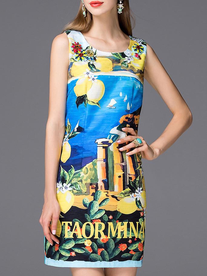 Romwe Multicolor Round Neck Sleeveless Beading Print Dress