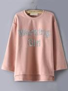 Romwe Letter Pattern Sequined Dip Hem Pink Sweatshirt