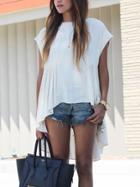 Romwe White High Low Pleated T-shirt