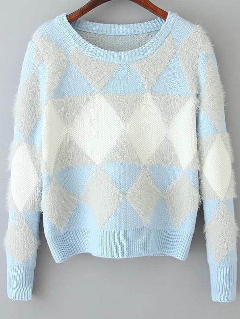 Romwe Diamond Shaggy Pale Blue Sweater