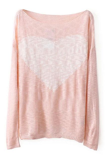 Romwe Heart Knitted Pink Jumper