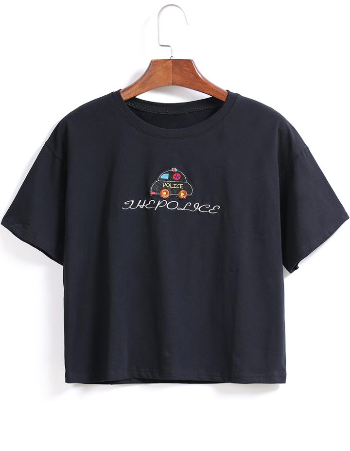 Romwe Cat Embroidered Crop T-shirt