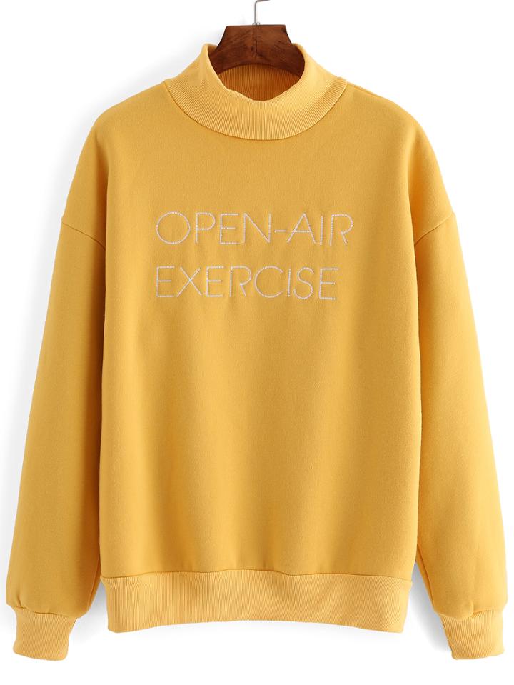 Romwe Mock Neck Dropped Shoulder Seam Letter Embroidered Sweatshirt