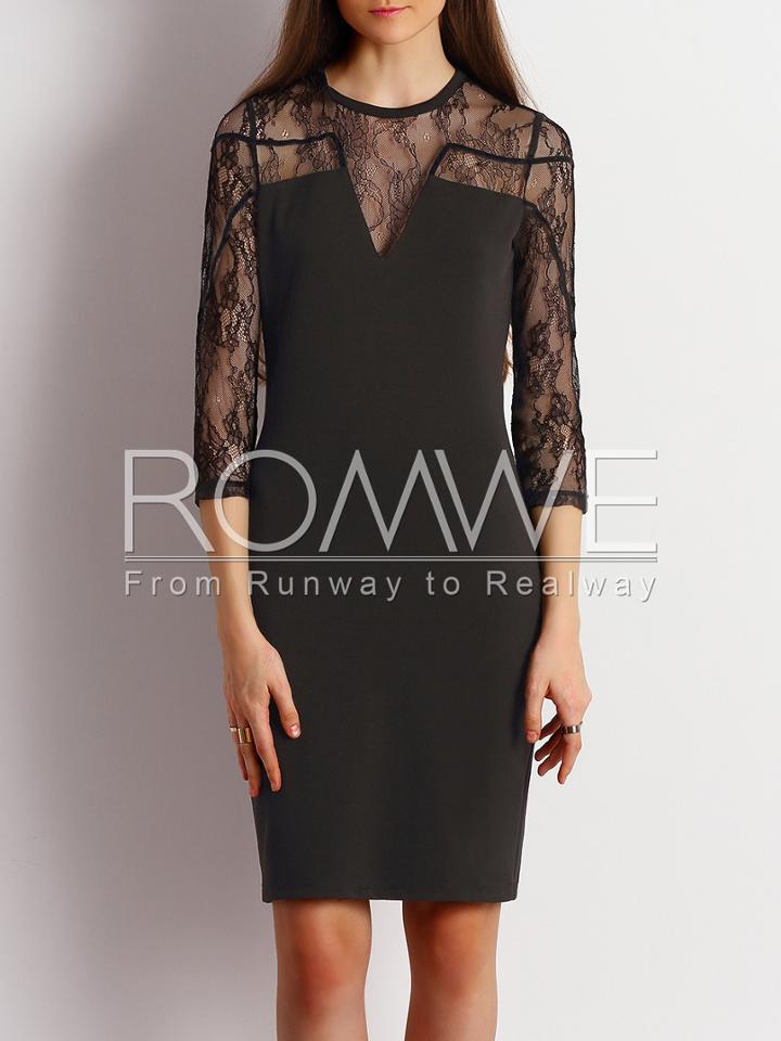 Romwe Black Crew Neck Keyhole Back Lace Dress