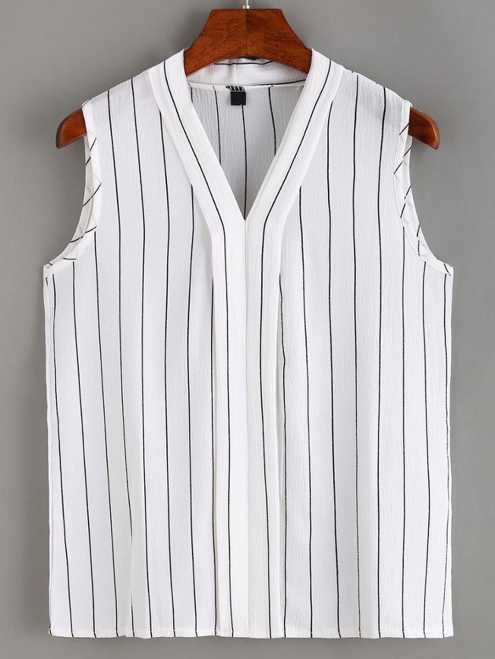 Romwe Vertical Striped Layered Placket Sleeveless Blouse