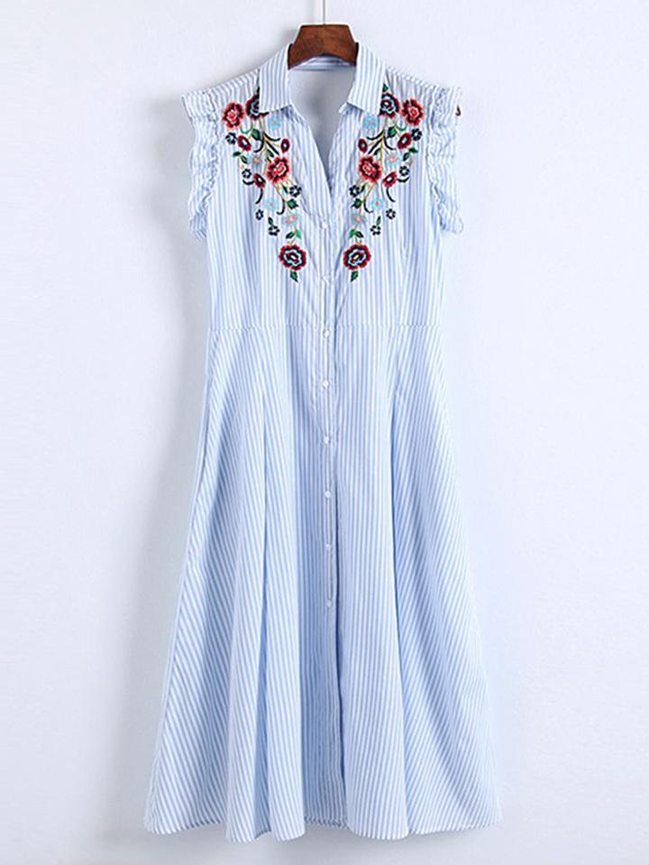 Romwe Cap Sleeve Frill Trim Embroidery Shirt Dress