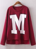 Romwe High Low Letter Print Thicken Burgundy T-shirt