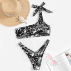 Romwe Palm Print One Shoulder Top With High Cut Bikini