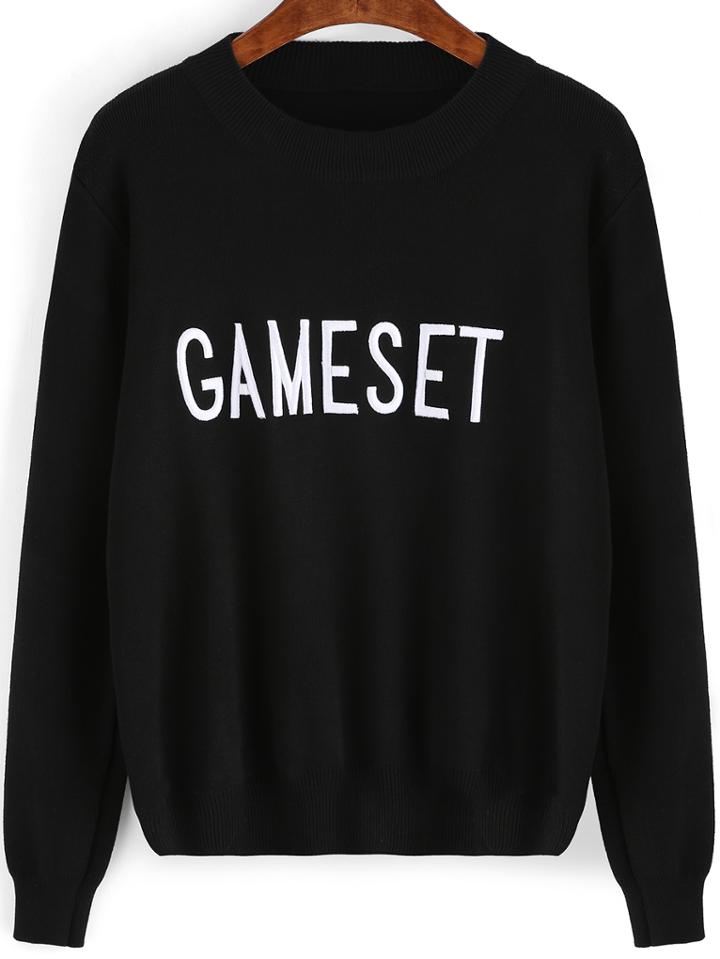 Romwe Letter Embroidered Black Jumper