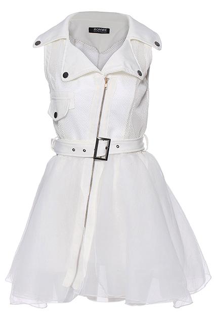 Romwe Dual-tone Belted White Dress