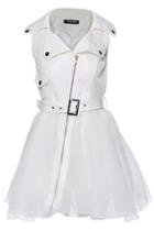 Romwe Dual-tone Belted White Dress