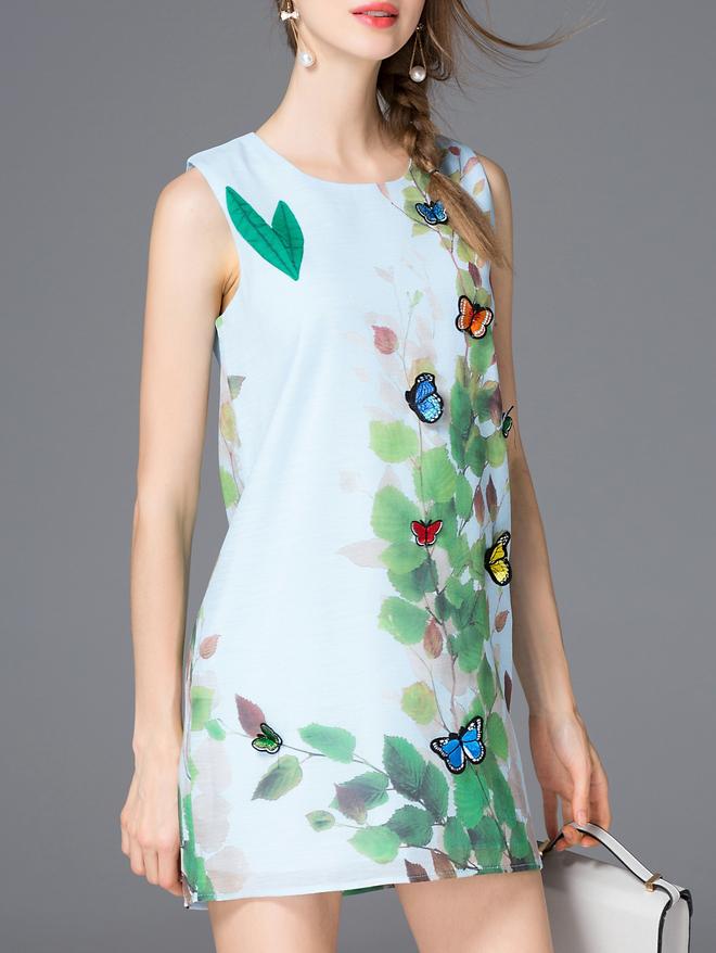 Romwe Blue Crew Neck Bow Leaves Shift Dress