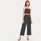 Romwe Plaid Shirred Cami Top With Pants