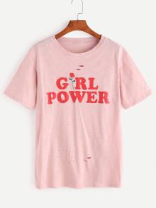 Romwe Letter And Rose Print Ripped Tee