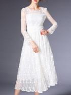 Romwe White Sheer Gauze Embroidered Midi Dress