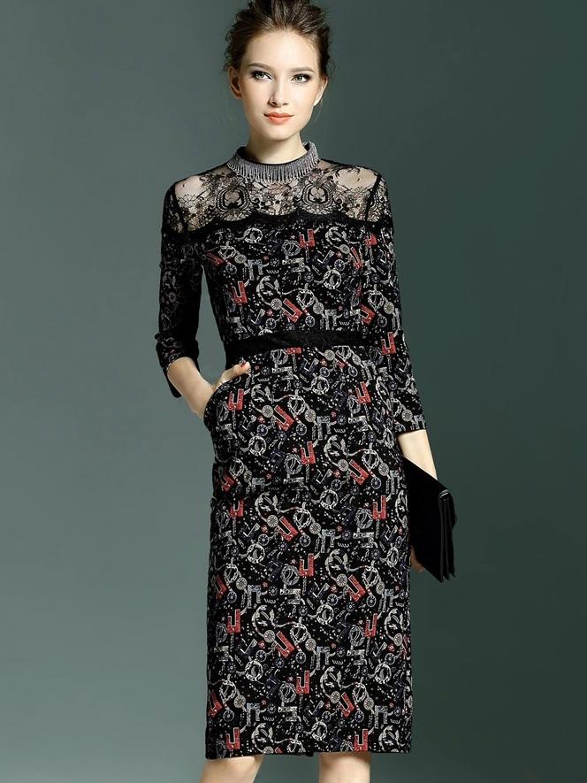 Romwe Multicolor Round Neck Length Sleeve Print Pockets Dress