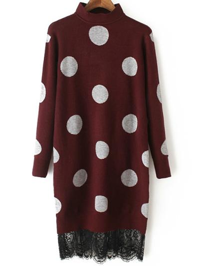 Romwe Mock Neck Contrast Lace Polka Dot Burgundy Sweater Dress