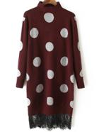 Romwe Mock Neck Contrast Lace Polka Dot Burgundy Sweater Dress