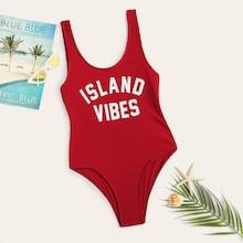 Romwe Slogan Print Scoop Neck One Piece Swimsuit
