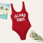 Romwe Slogan Print Scoop Neck One Piece Swimsuit