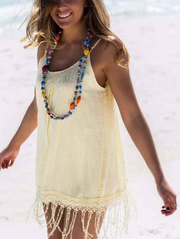 Romwe Spaghetti Strap Fringe Crisscross Back Pale Yellow Dress