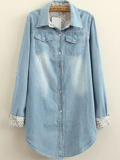 Romwe Lapel Buttons Pockets Denim Pale Blue Blouse