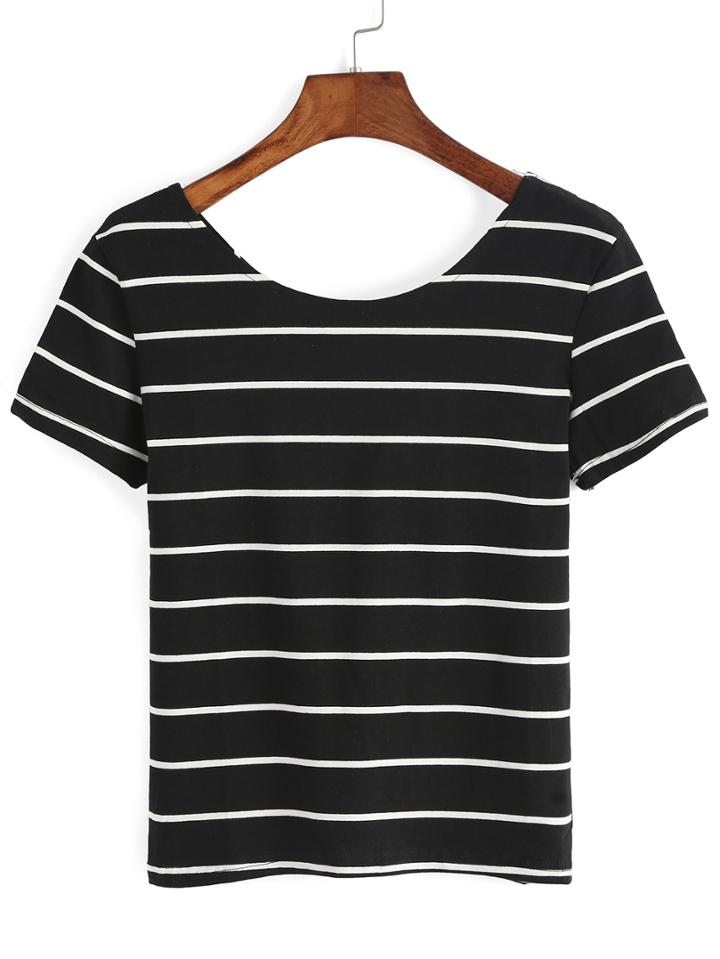 Romwe Black White Short Sleeve Striped Crop T-shirt